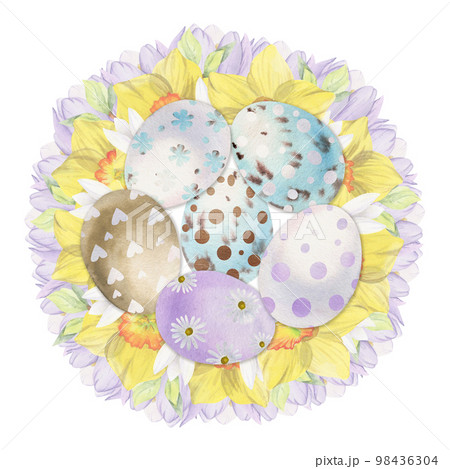 Watercolor hand drawn Easter celebration clipart. Nest wreath with painted eggs, leaves, flowers, pastel color. Isolated on white background. For invitations, gifts, greeting cards, print, textile 98436304
