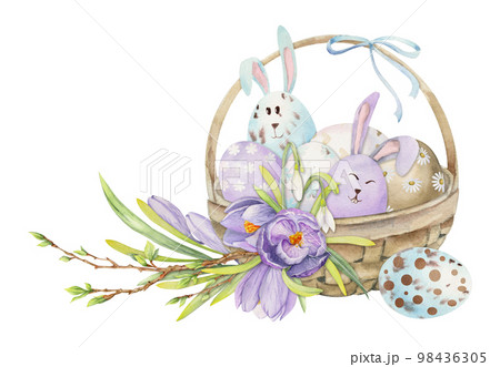 Watercolor hand drawn Easter celebration clipart. Basket of painted pastel eggs, bunnies, spring flowers. Isolated on white background. Design for invitations, gifts, greeting cards, print, textile 98436305