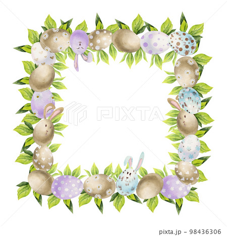 Watercolor hand drawn Easter celebration clipart. Border frame of eggs, bows, green leaves, bunnies. Pastel color. Isolated on white background. For invitations, gifts, greeting cards, print, textile 98436306