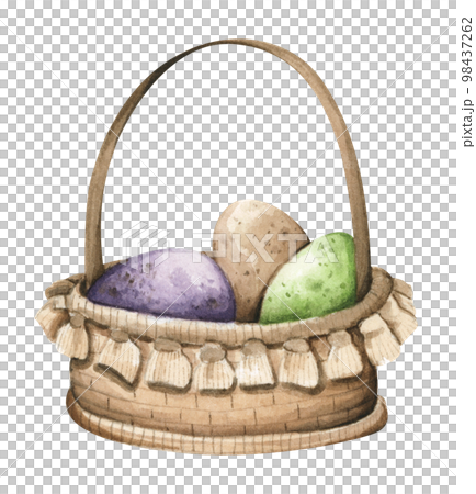 Colorful easter eggs in basket. Design elements for holiday cards. Happy Easter. Watercolor illustration. 98437262