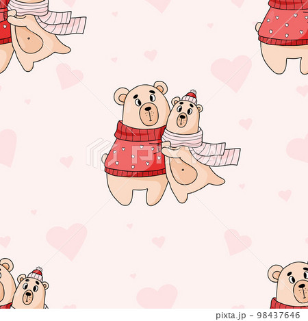 Love seamless pattern. Cute enamored bears in winter clothes on pink background with hearts. Vector illustration. Endless background for valentines, wallpapers, packaging, print. 98437646