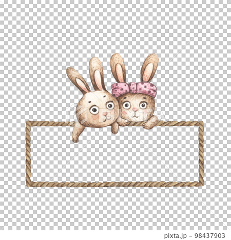 Cute Rabbits with brown rope frame. Watercolor illustration. Cute Rabbits with brown rope frame. Watercolor illustration. 98437903
