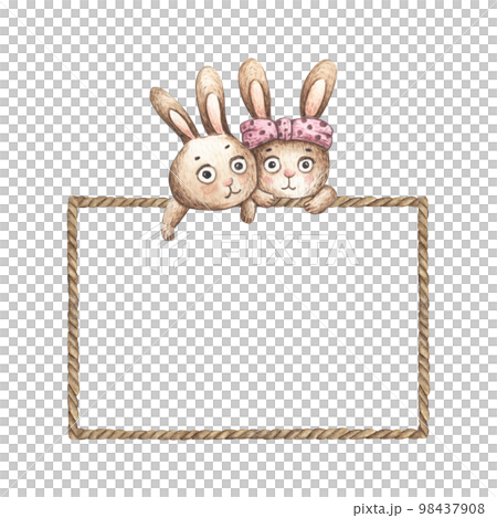 Cute Rabbits with brown rope frame. Watercolor illustration. Cute Rabbits with brown rope frame. Watercolor illustration. 98437908