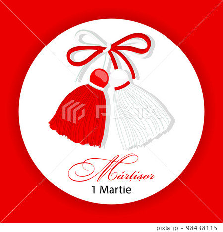 Martisor, red and white symbol of spring. Traditional spring holiday in Romania and Moldova. Holiday card, banner, vector. 98438115