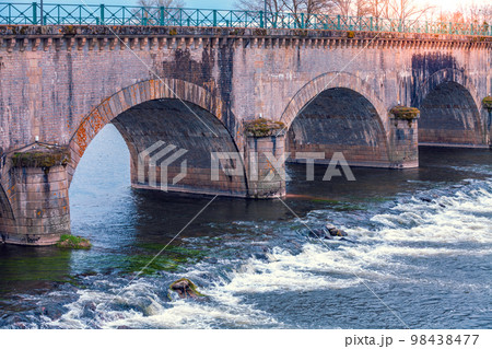 Digoin canal bridge. Boat canal bridge over Laura river in early spring. Digoin, France 98438477