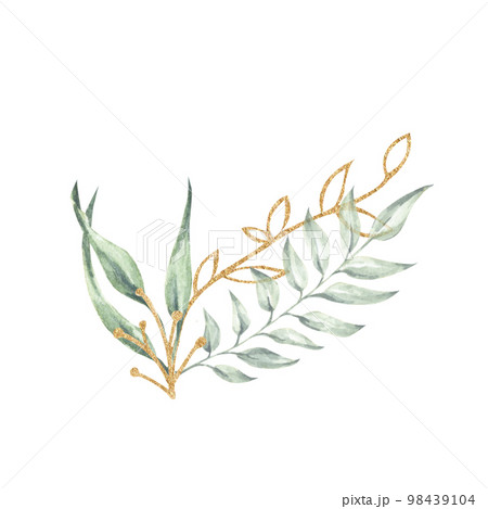 Watercolor floral illustration. Green and Gold leaf branches. It's perfect for greeting cards, wedding invitation, birthday. Watercolor floral illustration. Green and Gold leaf branches. It's perfect for greeting cards, wedding invitation, birthday. 98439104