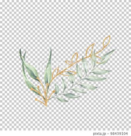 Watercolor floral illustration. Green and Gold leaf branches. It's perfect for greeting cards, wedding invitation, birthday. Watercolor floral illustration. Green and Gold leaf branches. It's perfect for greeting cards, wedding invitation, birthday. 98439104