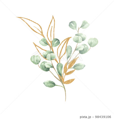 Watercolor floral illustration. Green and Gold leaf branches. It's perfect for greeting cards, wedding invitation, birthday. 98439106