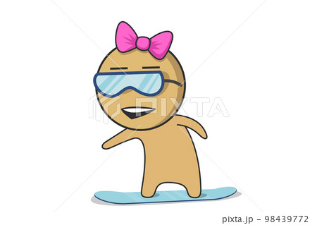 Girl with a beautiful smile in sunglasses is snowboarding      98439772
