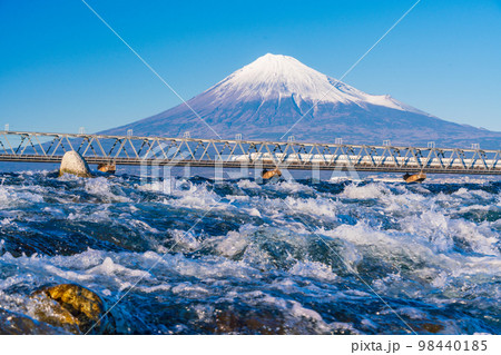 (静岡県)富士川を渡る新幹線、後方に富士山 (静岡県)富士川を渡る新幹線、後方に富士山 98440185