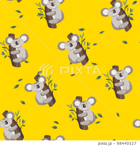 Seamless pattern with cute koala baby on color background. Funny australian animals. Card, postcards for kids. Flat vector illustration for fabric, textile, wallpaper, poster, paper 98440327