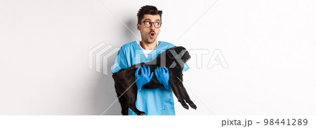 Vet clinic concept. Amazed male doctor veterinarian holding cute black pug dog, smiling and staring left impressed, standing over white background 98441289
