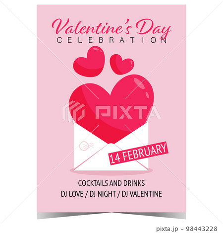 Valentine's Day invitation card to celebrate the Feast of Saint Valentine on February 14. Promo banner, poster, brochure, booklet or leaflet with big red heart in an envelope on pink background.  98443228