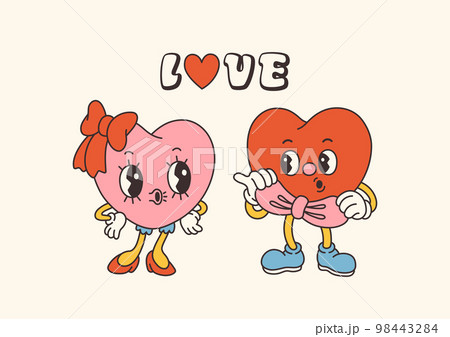 Retro Groovy Valentines day characters with slogans about love. Trendy 70s cartoon style. Card, postcard, print vector Retro Groovy Valentines day characters with slogans about love. Trendy 70s cartoon style. Card, postcard, print vector 98443284