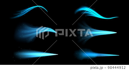 Air flow. Realistic fresh wind. Clean cold blue wave. Smoke with light glow filter. Light sparkles. Aroma stream. Water splash. Magic dust curve trail. Vector illustration blow effect set 98444912
