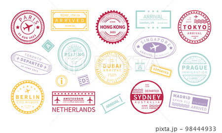 Passport travel stamp. Vintage Visa signs. Vacation in Paris or Amsterdam. Country airports seals. Dubai and London airplane journey. Arrival in Tokyo badge. Vector illustration set 98444933
