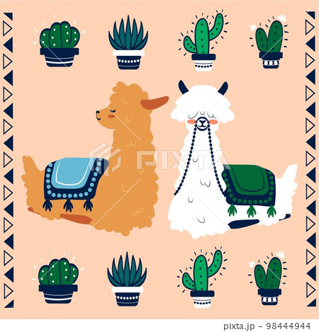 Lama poster. Cute llama and alpaca, traditional mexican tribal ornament, green cactus. Childish print and card. Creative happy peru animals. Funny wild mammals, Vector cartoon illustration 98444944