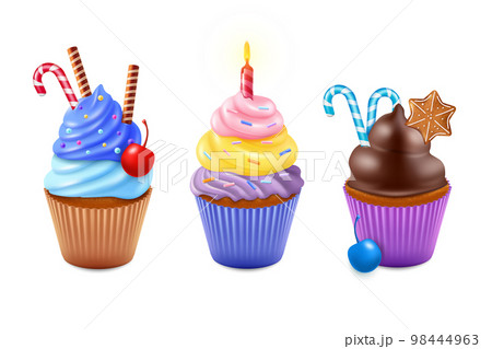 3d sweet dessert, cup cakes with different decor. Chocolate food, cute donuts and cupcakes, pink candy and cherry. Birthday muffin. Tasty bakery products, vector realistic illustration set 98444963