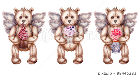 Watercolor hand drawn teddy bears - an angel with pink cupcakes for Valentine's Day, birthday, wedding. Elements isolated on white background 98445233