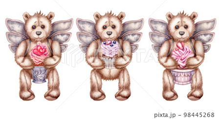 Watercolor hand drawn teddy bears - an angel with pink cupcakes for Valentine's Day, birthday, wedding. Elements isolated on white background Watercolor hand drawn teddy bears - an angel with pink cupcakes for Valentine's Day, birthday, wedding. Elements isolated on white background 98445268