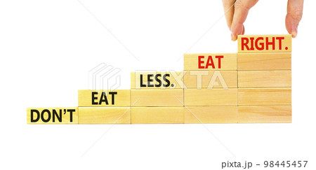 Eat less or right symbol. Concept words Do not eat less, eat right on wooden blocks. Beautiful white table white background. Doctor hand. Healthy lifestyle and eat less or right concept. Copy space. Eat less or right symbol. Concept words Do not eat less, eat right on wooden blocks. Beautiful white table white background. Doctor hand. Healthy lifestyle and eat less or right concept. Copy space. 98445457