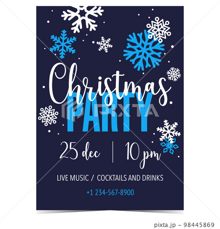 Christmas party invitation postcard. Vector illustration of poster, banner, leaflet or flyer suitable for Christmas celebration announcement and promotion with snowflakes on blue background. Christmas party invitation postcard. Vector illustration of poster, banner, leaflet or flyer suitable for Christmas celebration announcement and promotion with snowflakes on blue background. 98445869