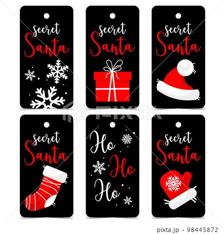 Secret Santa tag or label with Christmas elements such as gift or present, Christmas stocking, red Santa Claus mittens and hat on black background. Vector illustration in flat style. 98445872