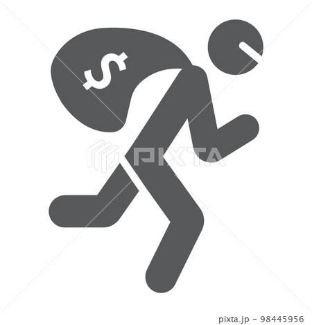 Robbery glyph icon, crime and burglary, thief with money bag sign, vector graphics, a solid pattern on a white background, eps 10. Robbery glyph icon, crime and burglary, thief with money bag sign, vector graphics, a solid pattern on a white background, eps 10. 98445956