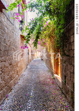 Streets and Residential Homes in the historic Old Town of Rhodes, Greece 98446069