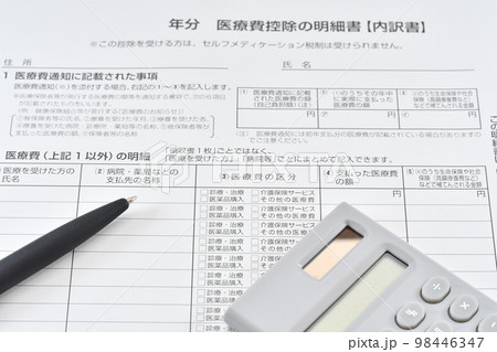 医療費控除の明細書と電卓とボールペン 医療費控除の明細書と電卓とボールペン 98446347