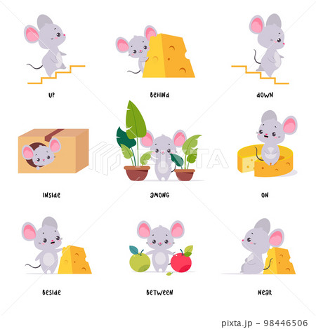 Little Mouse and English Language Preposition for Educational Activity Vector Set Little Mouse and English Language Preposition for Educational Activity Vector Set 98446506