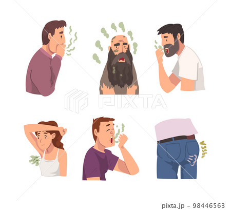 Stinky Man and Woman Character Having Bad Odor from Their Clothes, Mouth and Armpit Vector Set 98446563