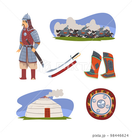 Mongol Nomad Character in Traditional Clothing with Yurt Dwelling, Boots and Shield Vector Set 98446624