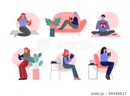 People Characters Reading Book Sitting Vector Set 98446627