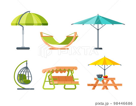 Backyard or Patio Furniture for Relax with Garden Bench, Hammock, Table and Umbrella Vector Set Backyard or Patio Furniture for Relax with Garden Bench, Hammock, Table and Umbrella Vector Set 98446686