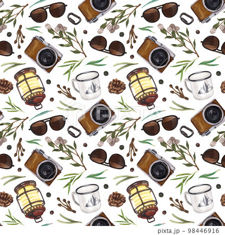 Watercolor seamless pattern camera, equipment for hiking, tourism, camping, travel and trip. Hand-drawn illustration on white background. Concept for packing design, textiles, fabrics print. Watercolor seamless pattern camera, equipment for hiking, tourism, camping, travel and trip. Hand-drawn illustration on white background. Concept for packing design, textiles, fabrics print. 98446916