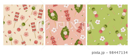 Set of seamless patterns with Japanese dango dessert. Vector graphics. 98447134
