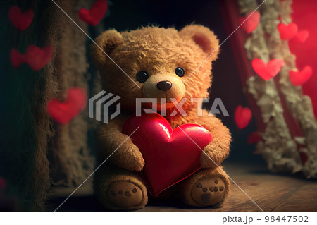 Teddy bear holding a red heart-shaped pillow in...のイラスト素材 [98447502] - PIXTA