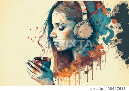 Young woman with headphone listens music and drinks coffee, watercolor illustration 98447613