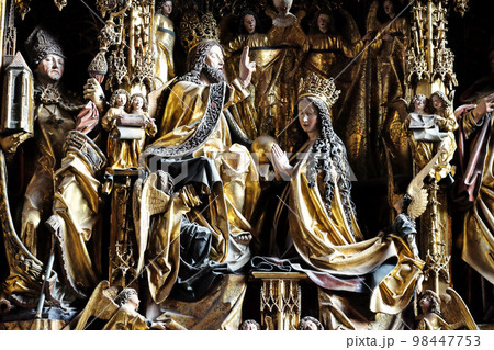 Coronation of the Virgin Mary, Main altar in Parish church in St. Wolfgang on Wolfgangsee in Austria 98447753