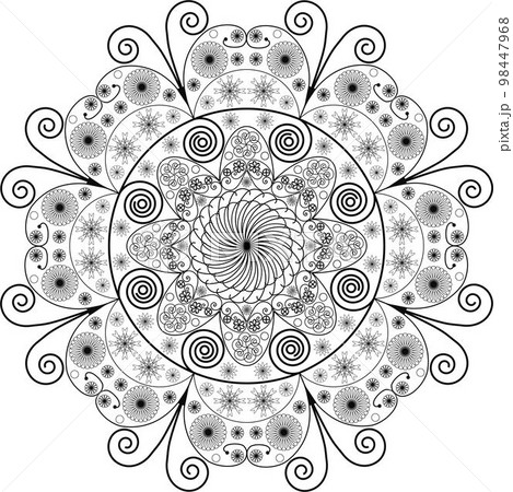 Mandala vector black on white for coloring, round ornament decoration. Stylized floral motif, vintage decorative elements. Aboriginal folk art, ethnic mandala, oriental pattern, design illustration 98447968