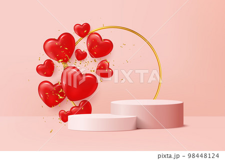 Realistic red heart and 3D cylinder pedestal podium. Valentine's minimal scene for products showcase, Promotion display. Vector for greeting cards, promotions, posters or social media post 98448124