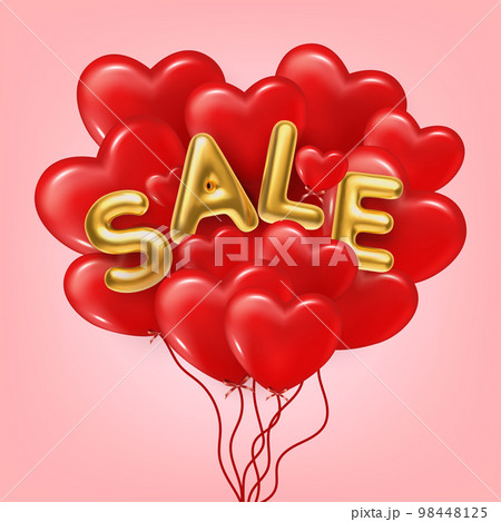 Valentine's day. 3d red balloons in shape heart with gold metallic text Sale. Balloons and ribbon fly. Romantic background, creative banner, greeting card, web poster, social media post, flyer. Vector 98448125