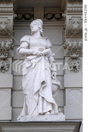 Statue of Science, allegorical representation, detail of Rathaus Town Hall, Graz, Styria, Austria 98448396