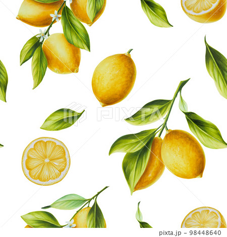 Watercolor seamless pattern with fresh ripe lemon with bright green leaves and flowers. Hand drawn cut citrus slices painting on white background. For designers, postcards, party Invitations, wrapping 98448640