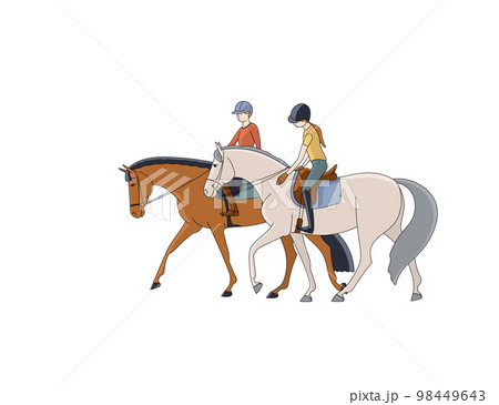 Two friends are walking on horseback after training Two friends are walking on horseback after training 98449643