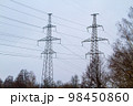 New large mast of an air power line close up, high voltage electricity pylon with thick wires and insulators, blue sky on background. Traditional energy. Electric power concept. 98450860