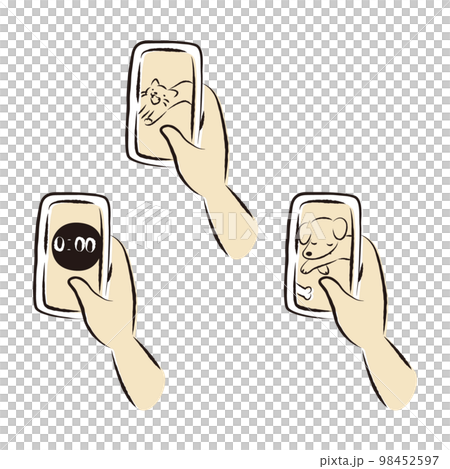 Illustration set holding a smartphone (dog, cat, timer) 98452597