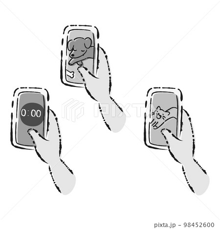 スマホを手に持っているイラストセット（犬、猫、タイマー） 98452600