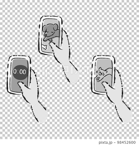 スマホを手に持っているイラストセット（犬、猫、タイマー） 98452600